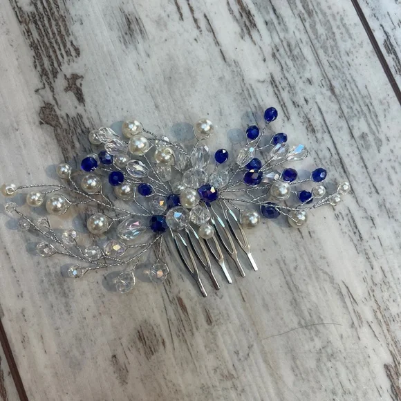 Blue Crystal & Pearl Bridal Hair Comb - Picture 7 of 16